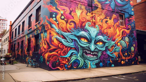 Marvel at the intricate details of a psychedelic street art mural against the cityscape. © Shanii