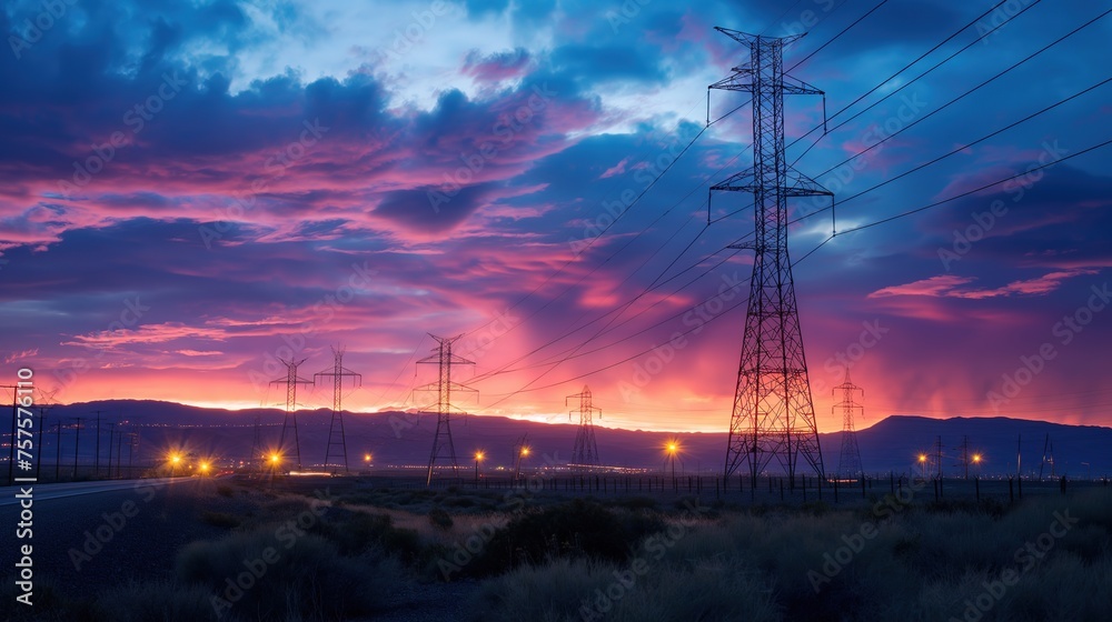 Majestic Sunset Behind Power Lines in a Serene Rural Landscape