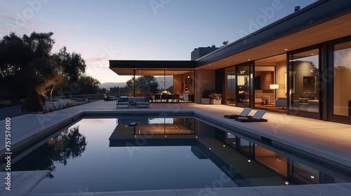 Luxurious Modern Home Exterior at Dusk with Reflective Pool © Arslan