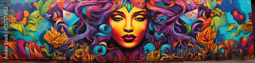 Lose yourself in the dynamic energy of a psychedelic street art mural on a bustling city wall.