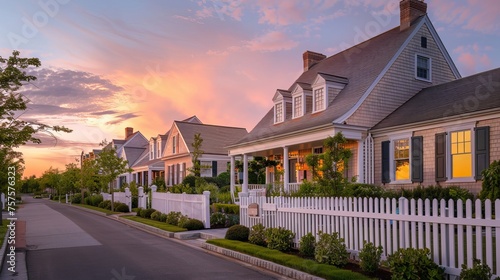Charming Suburban Homes at Sunset: A Peaceful Neighborhood with White Picket Fences