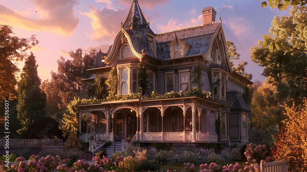 Obraz premium Victorian Style House Exterior at Sunset Surrounded by Blossoming Garden