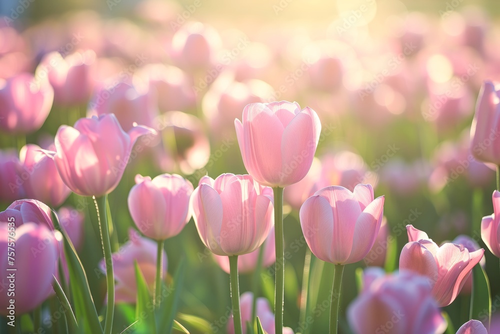 A sunlit meadow of magenta flowers, pink tulips in full bloom