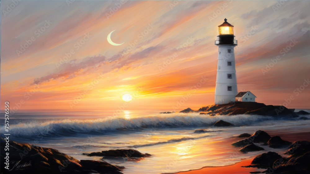 Lighthouse Near Ocean at Sunset Landscape