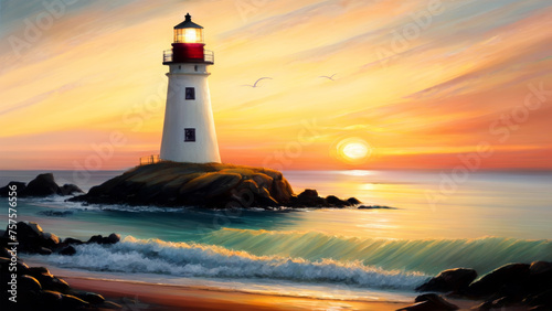 Lighthouse Near Ocean at Sunset Landscape