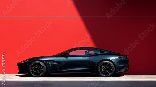 Midnight Rush Sleek Black Sports Car in Front of a Vibrant Red Background © Muhammad