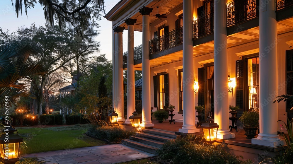 Obraz premium Elegant Southern Home Exterior at Dusk with Illuminated Garden and Classic Architecture