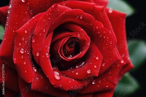Red Rose Flowering with Water Droplets. Water Droplets Adorning a Blossoming Red Rose