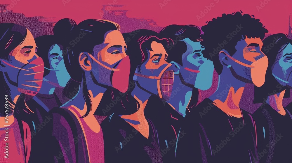 Illustration of a silent protest with people wearing gags, symbolizing the fight against censorship and for freedom of speech. Illustration of a silent protest with people wearing gags, symbolizing the fight against censorship and for freedom of speech.