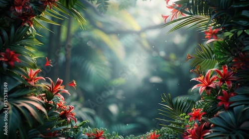 Tropical Scene With Red Flowers and Green Leaves