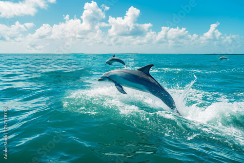 Playful dolphins jump by a boat on a clear sunny day, showcasing wildlife and eco-tourism © Татьяна Евдокимова