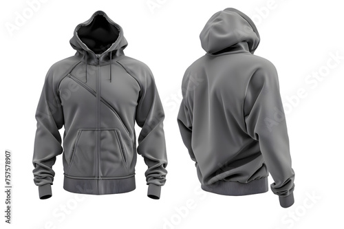 Front and back view of an urban grey asymmetric zip hoodie template. Modern and versatile, with a diagonal zipper for a contemporary edge, mockups for design and print, isolated on a white or transpar