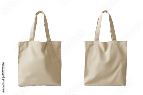 Front and back view of a bisque basic canvas tote bag template. Durable fabric with handles, mockups for design and print, isolated on a white or transparent background.