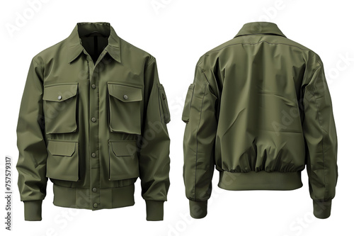 Front and back view of a forest green utility jacket template. Functional pockets and cinched waist, mockups for design and print, isolated on a white or transparent background