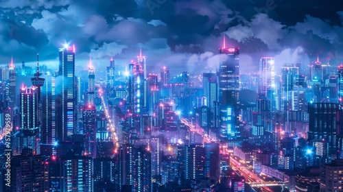 Futuristic city skyline at night with glowing neon lights  depicting innovation and urbanization.