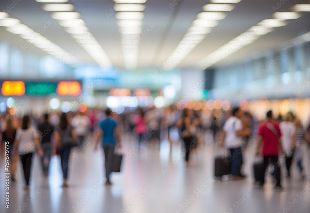 Blurred image of a busy airport terminal, generative AI