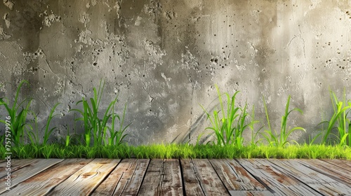 Old wall and green grass on wood floor background - generative ai photo