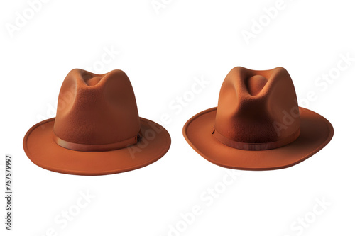 Front and back view of a rust basic fedora hat template. Wool material with a wide brim, mockups for design and print, isolated on a white or transparent background.