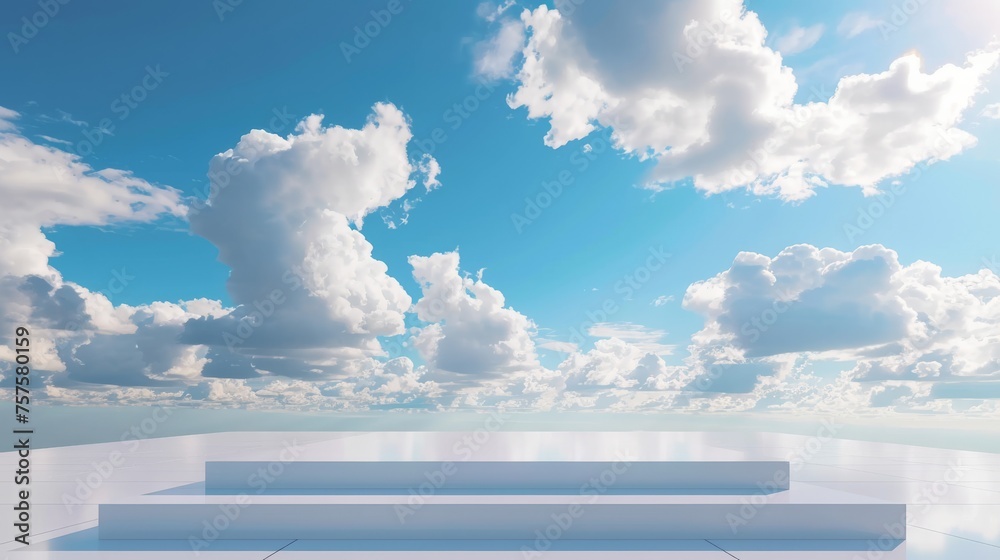 Glossy white podium with a clear blue sky and fluffy clouds in the background, reflecting a serene day.