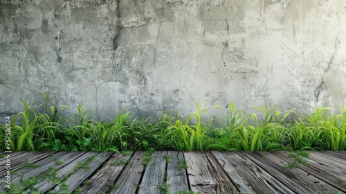 Old wall and green grass on wood floor background - generative ai © Nia™