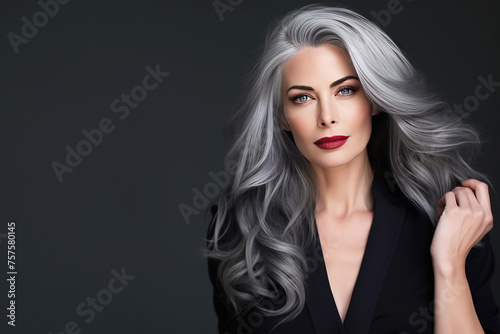 A well-groomed gray-haired middle-aged woman with perfect makeup, bright blue eyes, red lipstick, and a black blouse is looking at the camera, standing on a dark gray background.