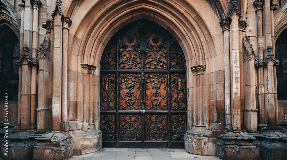 Gothic cathedral door, heavy wooden doors with iron details, surrounded by carved stone arches