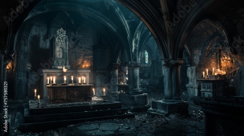 Gothic cathedral crypt, ancient tombs and eerie atmosphere, dimly lit by flickering candles