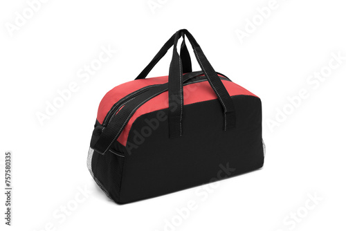 close up outdoor trendy fashion sports custom nylon crossbody shoulder bag small mini duffle gym travel bags for men women isolated on white background. side view. black and red colors handbag.
