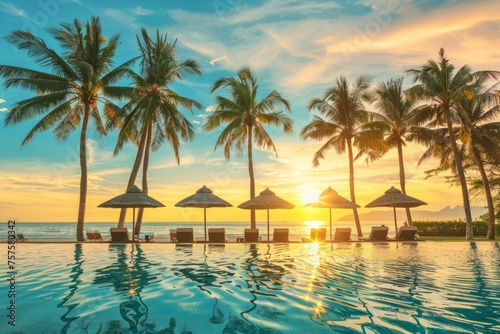 Sunny tropical beach resort swimming pool with palm trees and chairs under umbrellas at sunset banner for vacation or travel concept Generative AI © SKIMP Art