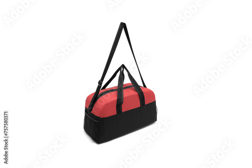 close up outdoor trendy fashion sports custom nylon crossbody shoulder bag small mini duffle gym travel bags for men women isolated on white background. angle view. black and red colors handbag.