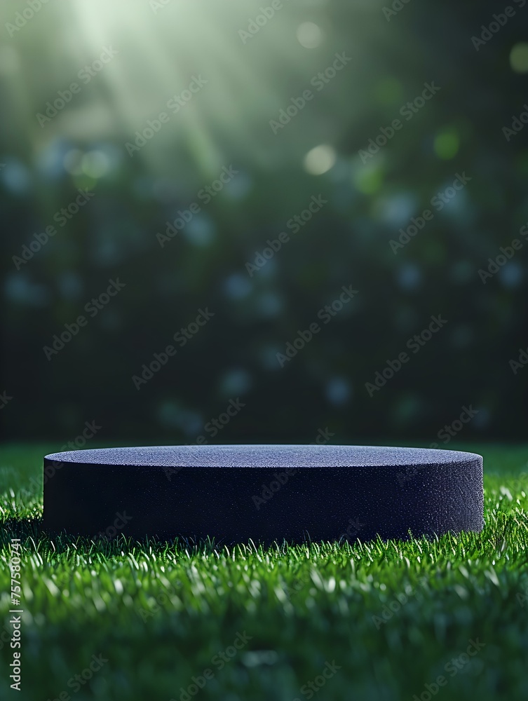 Navy Blue round Platform for Product Presentation on a green Pitch. Blurred Sports Background - obrazy, fototapety, plakaty 