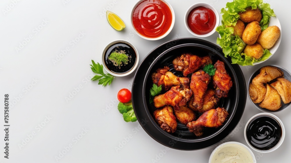 Fototapeta premium Air fryer chicken with crispy vegetable and different sauces isolated on white background. top view