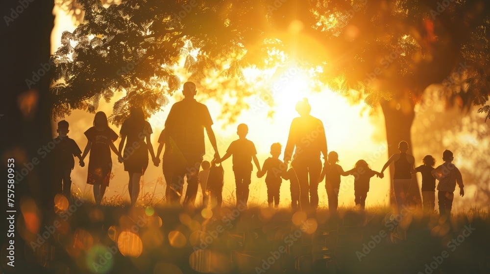 community large family in the park. a large group of people holding hands walking silhouette on nature sunset in the park. big family kid dream concept. people in the park. large sunlight family community large family in the park. a large group of people holding hands walking silhouette on nature sunset in the park. big family kid dream concept. people in the park. large sunlight family