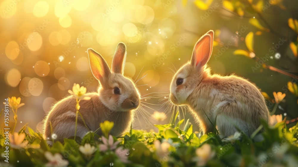 Fototapeta premium Cute little easter bunnies on green grass at sunset