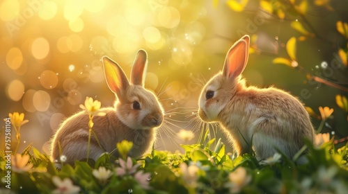 Cute little easter bunnies on green grass at sunset