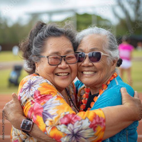Two senior women hugging after a sports race Native Hawaiian or Pacifc Islander.