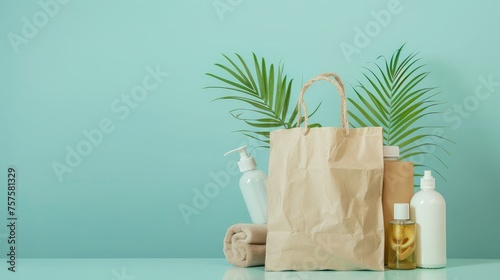 Eco bag with products on color background