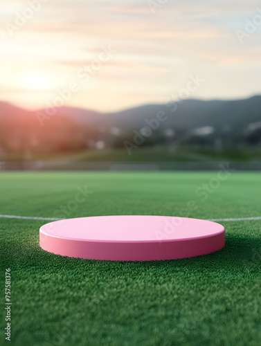 Pink round Platform for Product Presentation on a green Pitch. Blurred Sports Background