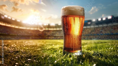 Glass of beer on football stadium background