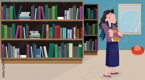 Biblioteca. Escritora feliz com seu livro publicado em suas mãos. Prateleiras de livros e um gato deitado.