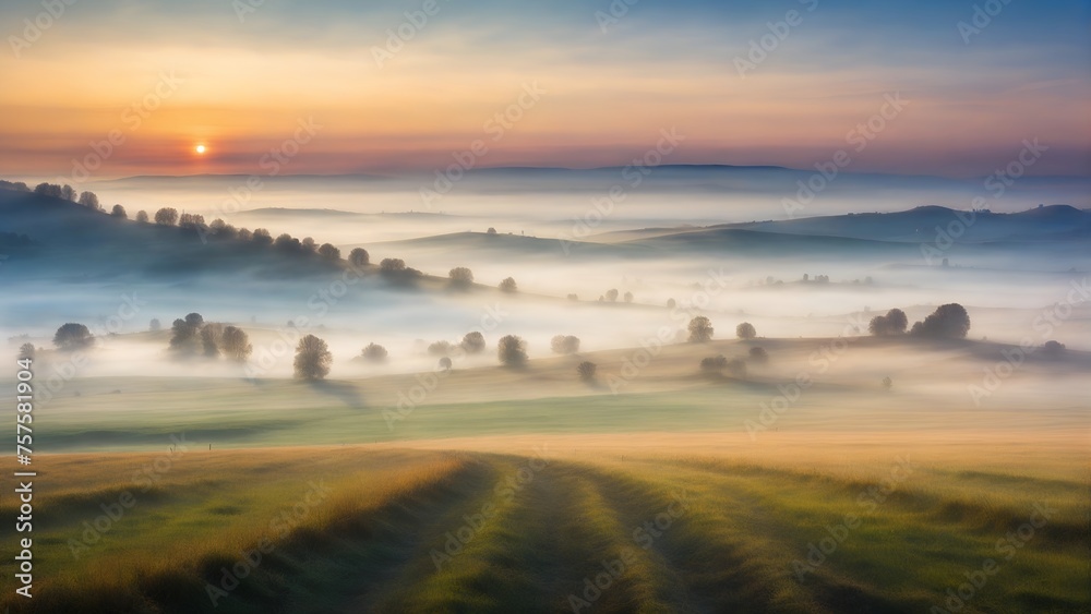 Sunrise fog over the fields, morning countryside landscape photo
