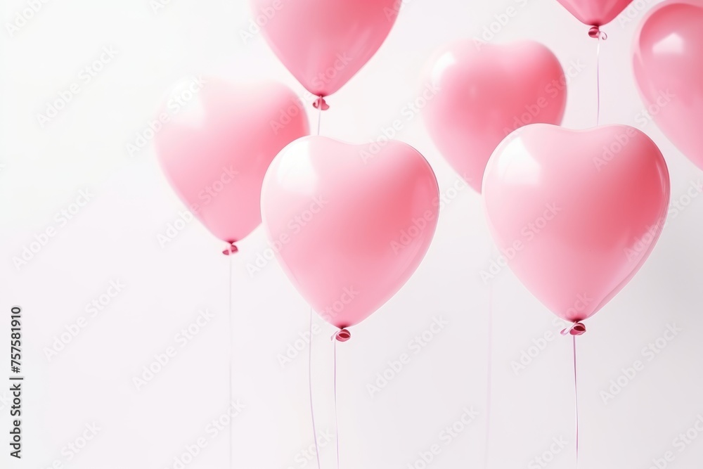 Pink heart-shaped balloons spread out and floating against a white background, symbolizing love and celebration. Pink Heart Balloons Spread on White