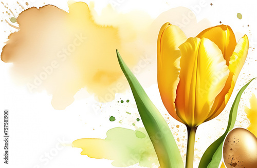 One yellow tulip and golden Easter egg on a light watercolor background with copy space