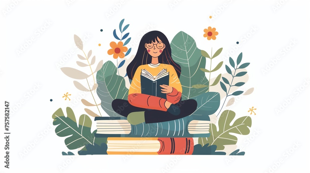 A woman is sitting on a pile of books and reading. The scene is peaceful and relaxing, with the woman surrounded by nature and the books. The woman is enjoying her time reading A woman is sitting on a pile of books and reading. The scene is peaceful and relaxing, with the woman surrounded by nature and the books. The woman is enjoying her time reading