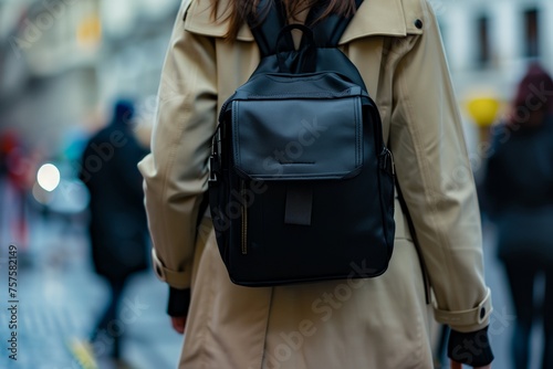 a woman with a backpack walking down a street