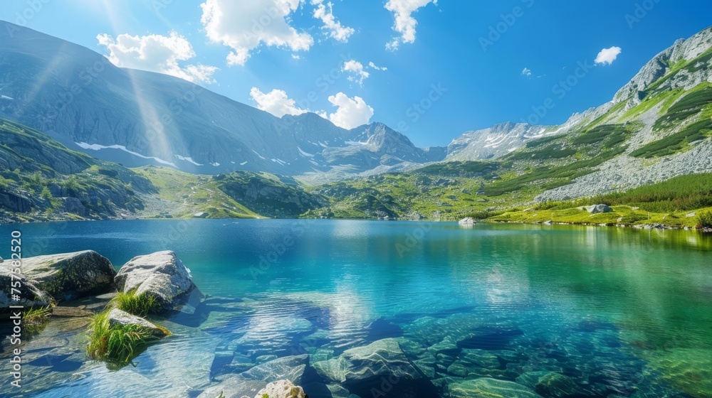 Majestic mountain landscape with a clear blue lake, showcasing the beauty of untouched nature.