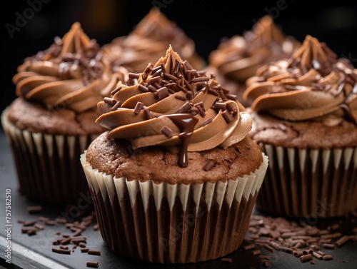 Chocolate cupcakes with chocolate frosting and chocolate shavings