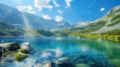 Majestic mountain landscape with a clear blue lake, showcasing the beauty of untouched nature.