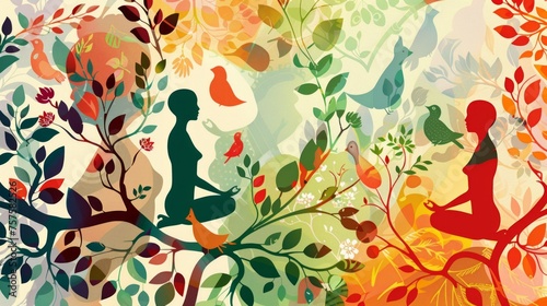 Human and Nature Connection in Symbolic Yoga Illustration © irissca