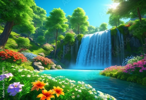 illustration, majestic waterfall lush green forest vibrant flowers clear blue nature landscape scenic beauty, sky, tranquil